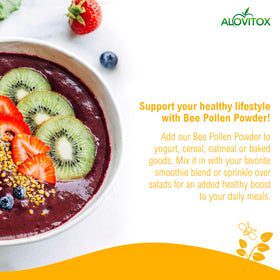 Yogurt bowl topped with Alovitox Bee Pollen Powder for a protein-rich breakfast.