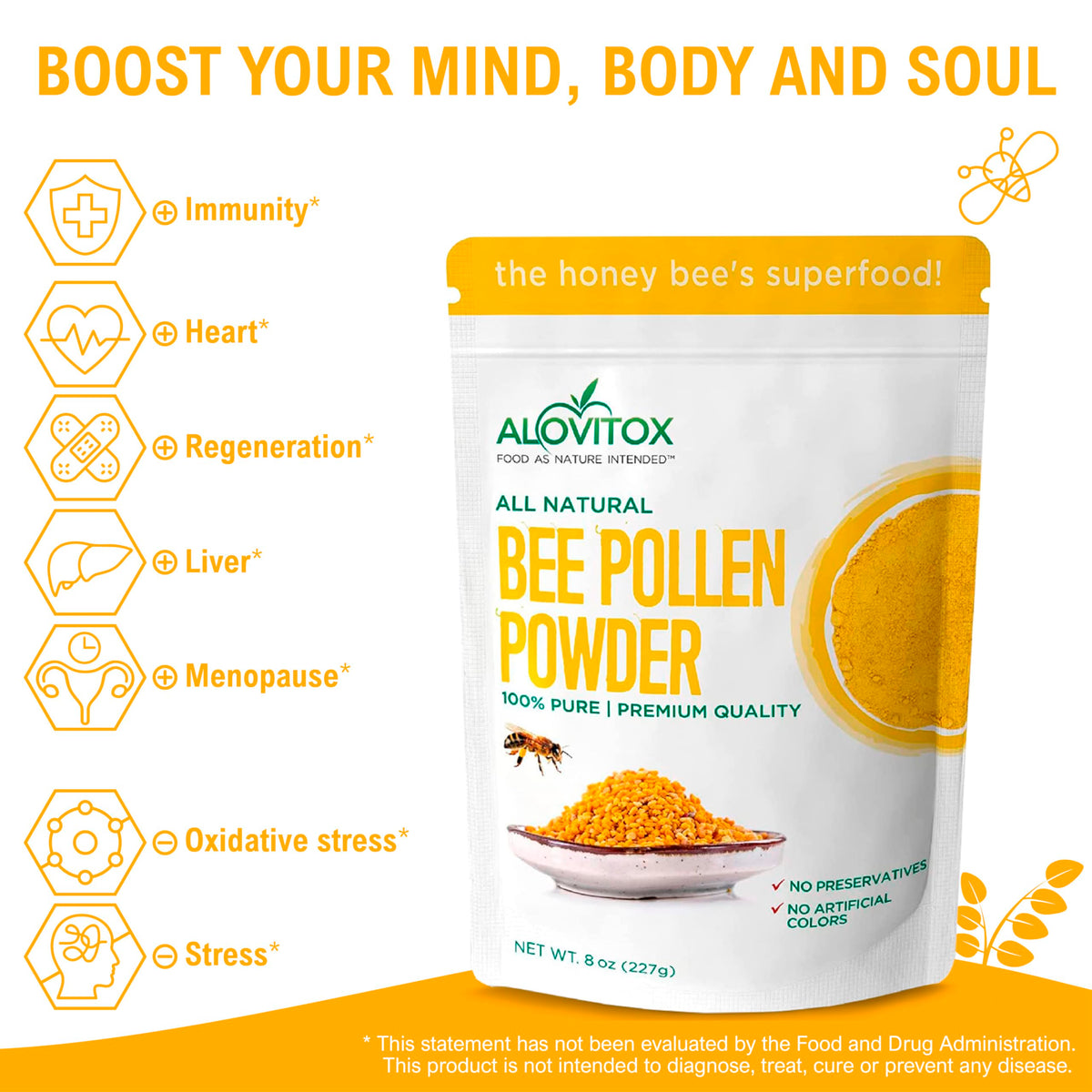 Packaging shot of Alovitox Bee Pollen Powder emphasizing non-GMO vegan ingredients.