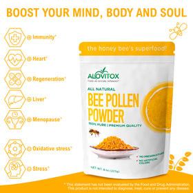 Packaging shot of Alovitox Bee Pollen Powder emphasizing non-GMO vegan ingredients.