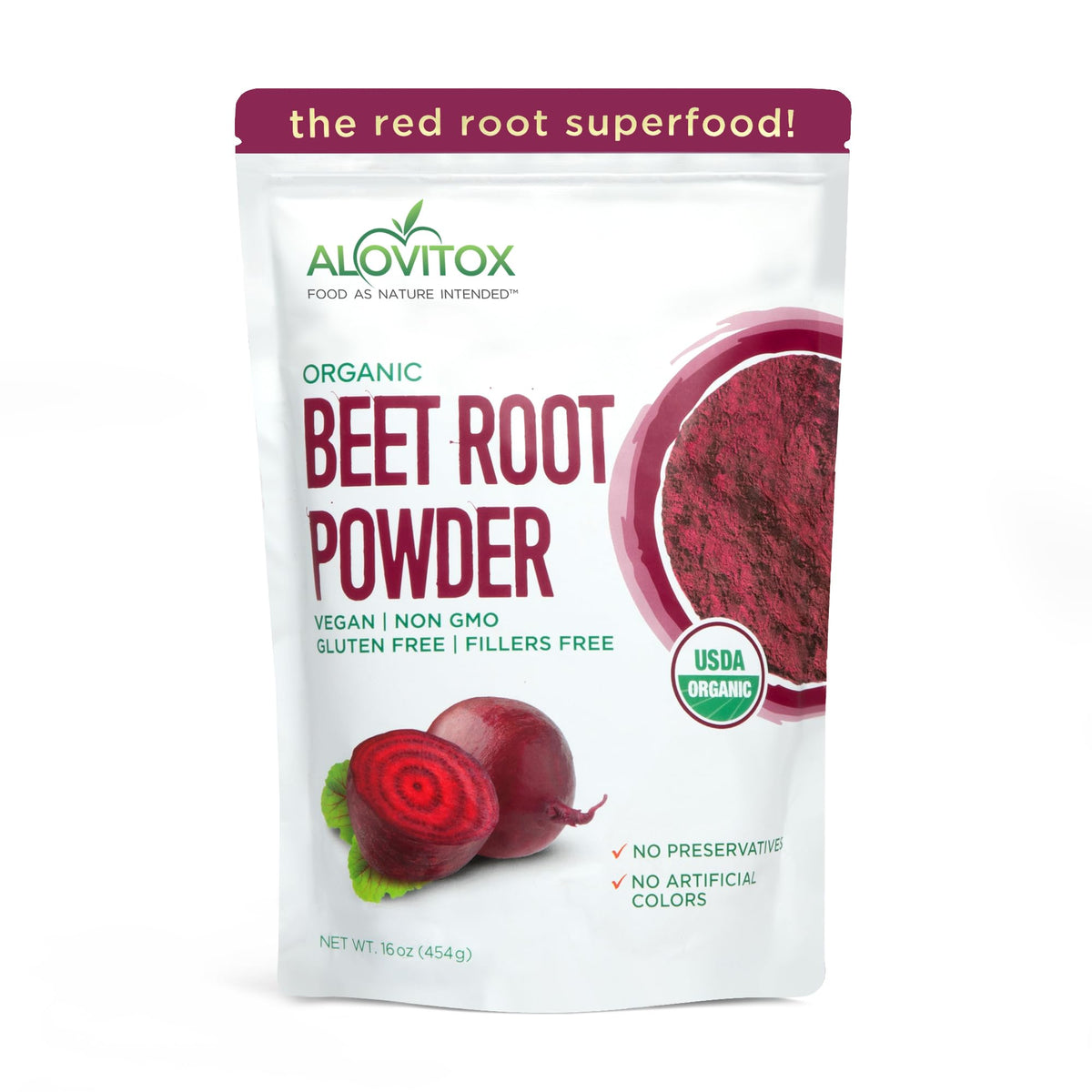 Alovitox beet root powder packaging label highlights organic quality for clean nutrition