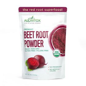 Alovitox beet root powder packaging label highlights organic quality for clean nutrition