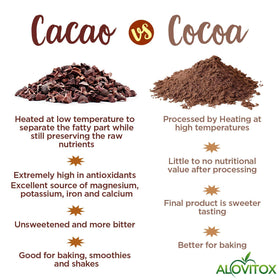 Alovitox cacao nibs on a dessert plate inviting richer chocolate flavor.