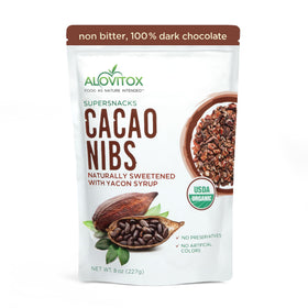 Alovitox cacao nibs with organic yacon syrup in a bag, ideal for topping yogurt.
