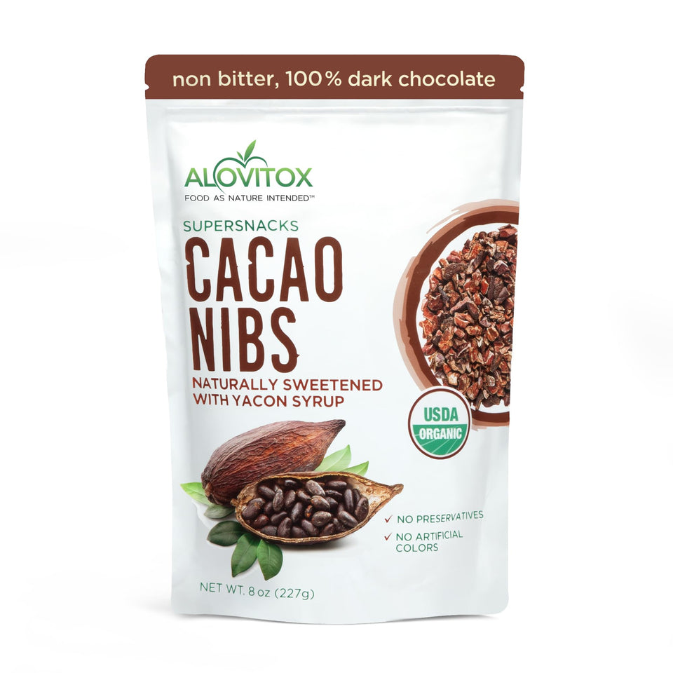 Alovitox cacao nibs with organic yacon syrup in a bag, ideal for topping yogurt.