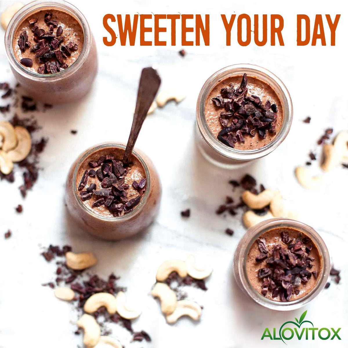 Alovitox cacao nibs sprinkled into coffee for subtle sweetness.