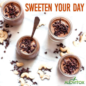 Alovitox cacao nibs sprinkled into coffee for subtle sweetness.