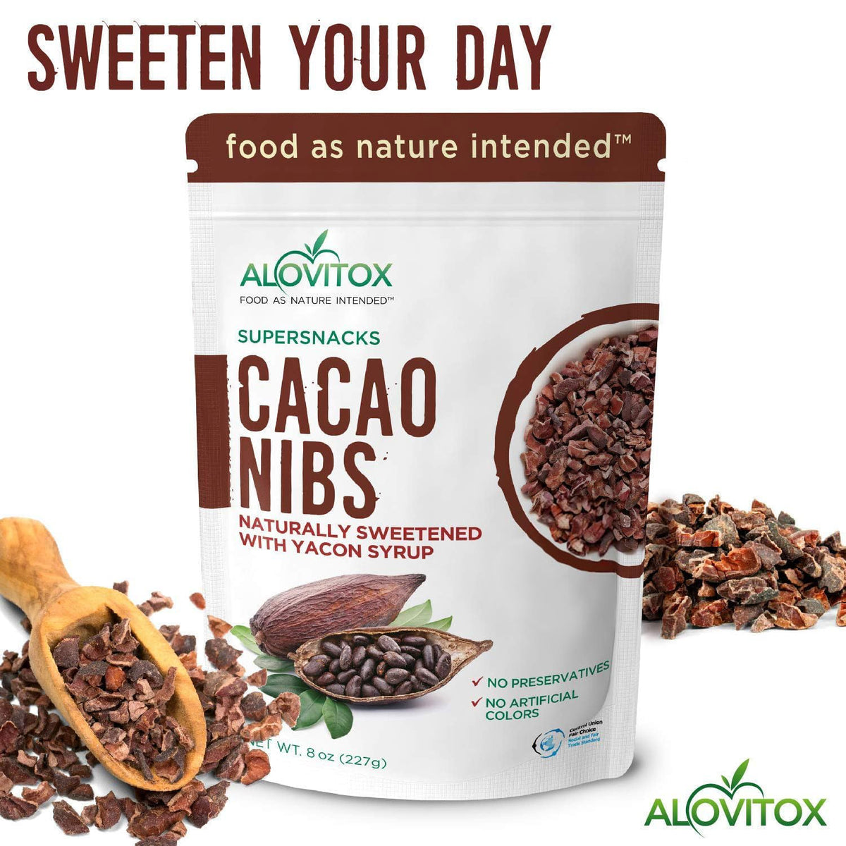 Alovitox cacao nibs in yogurt and fruit bowl for a mood-boosting breakfast.