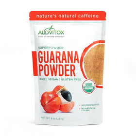Alovitox Guarana powder packaging, showcasing organic gluten-free superfood for smoothies