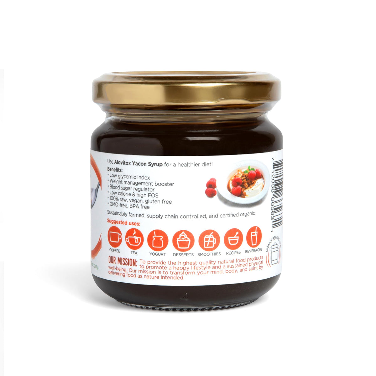 Alovitox Organic Yacon Syrup bottle shows premium low-GI sweetness