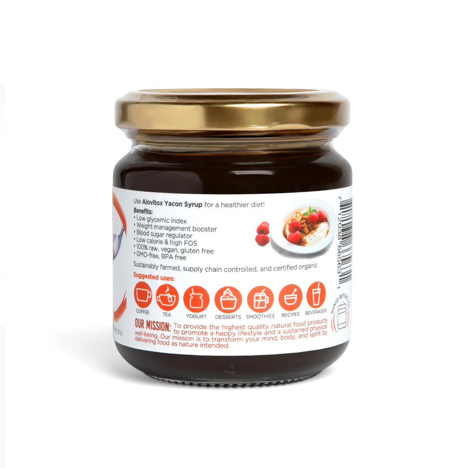 Alovitox Organic Yacon Syrup bottle shows premium low-GI sweetness