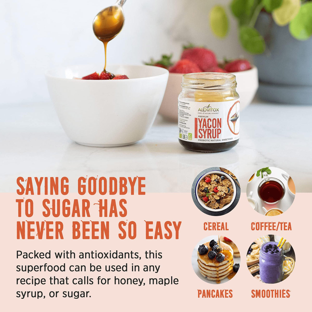 Alovitox Yacon Syrup glass jar emphasizes freshness and storage