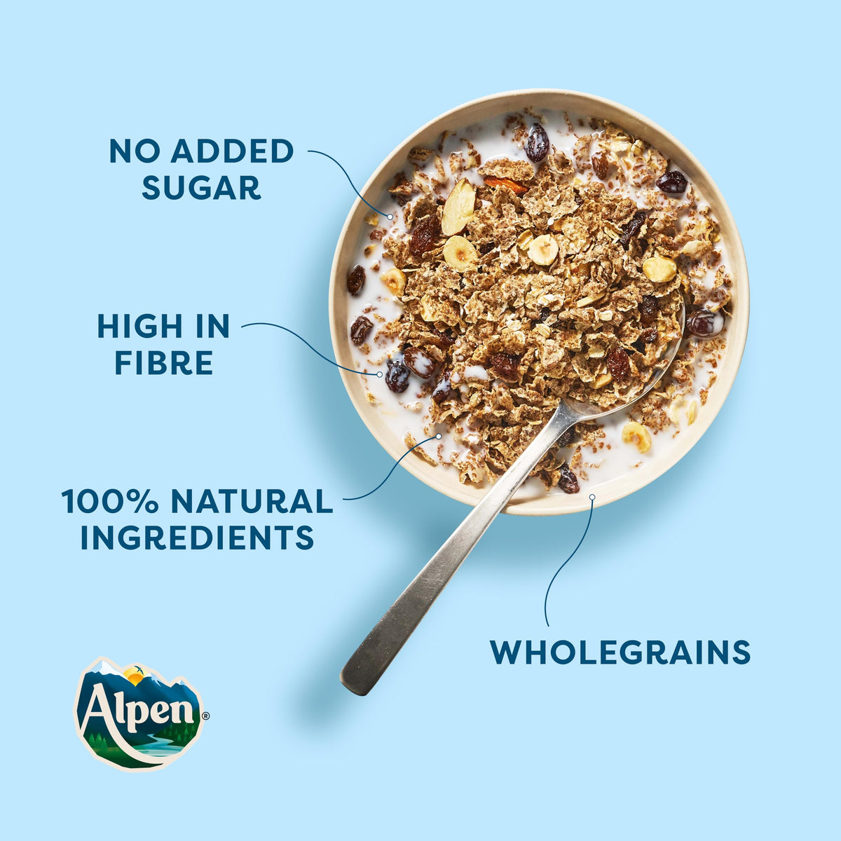Alpen Museli No Added Sugar 950g—pouring for a quick morning.