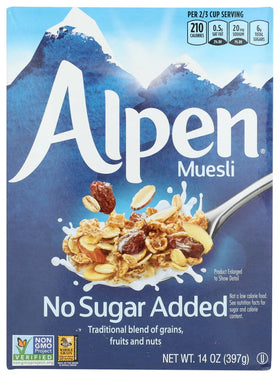 Alpen Muesli No Added Sugar bowl serving, naturally sweetened for a balanced start.