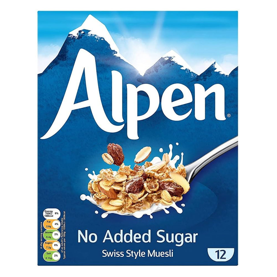 Alpen Muesli No Sugar Added box pack 2 on the counter showcasing wholesome ingredients.
