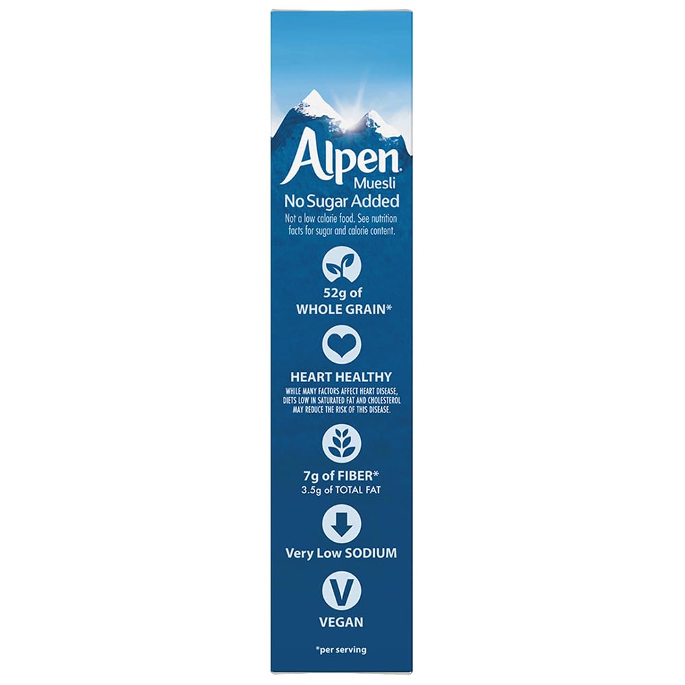 Alpen Muesli No Sugar Added box on the kitchen counter.
