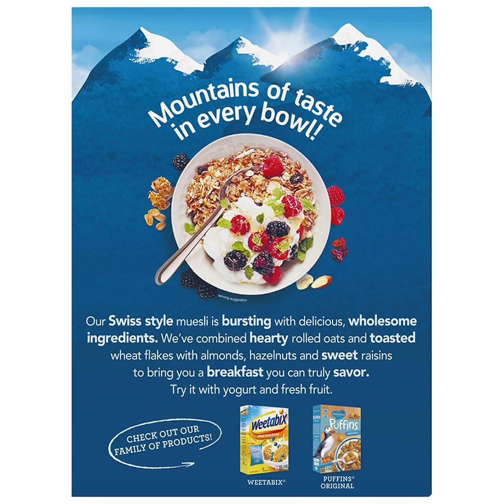 Alpen Muesli No Sugar Added overhead with yogurt and fruit.
