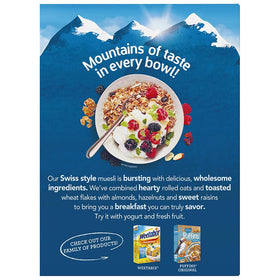 Alpen Muesli No Sugar Added overhead with yogurt and fruit.