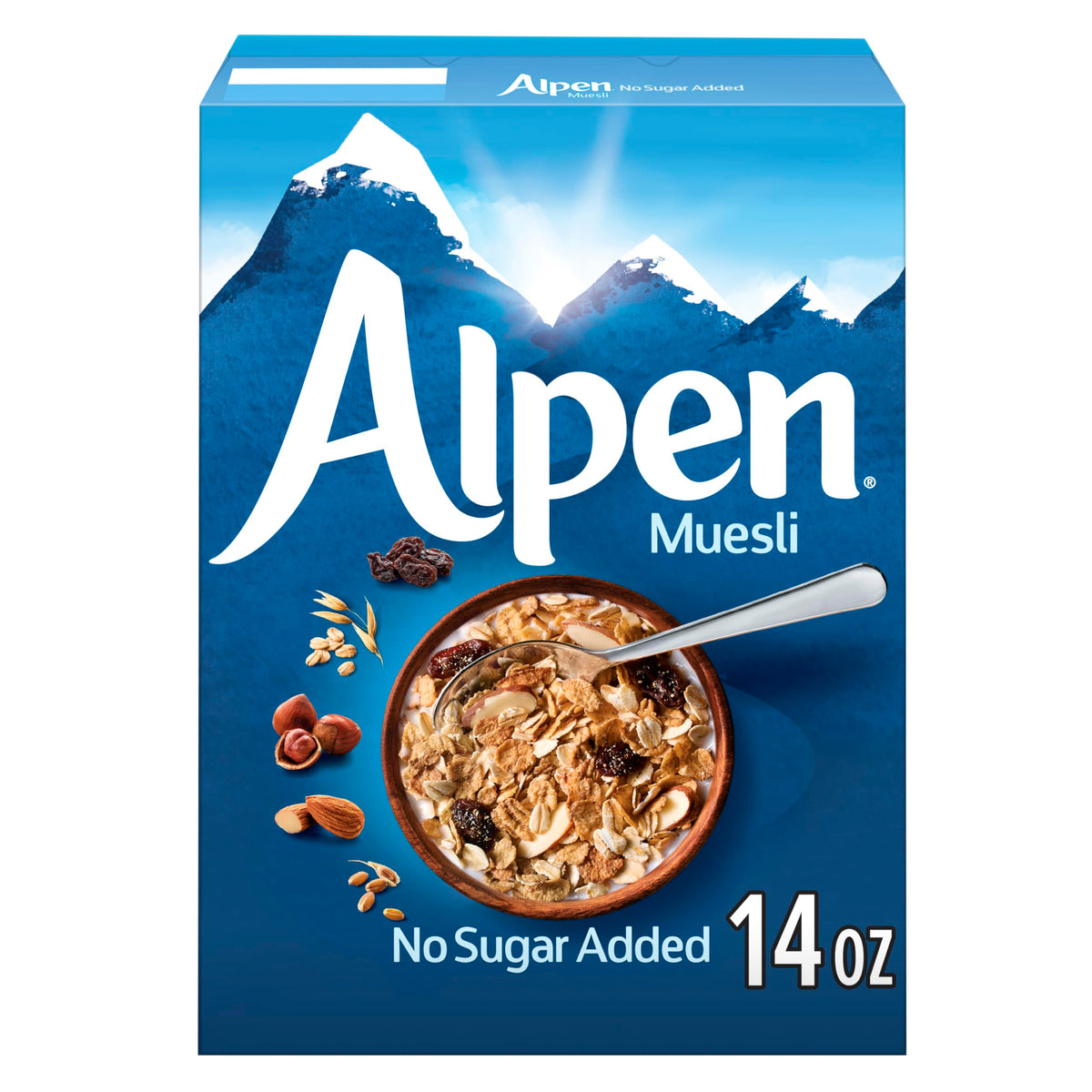 Alpen Muesli No Sugar Added packaging showing whole grains and nuts for a fiber-rich start.
