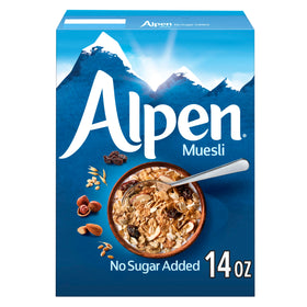 Alpen Muesli No Sugar Added packaging showing whole grains and nuts for a fiber-rich start.