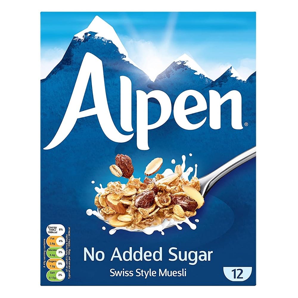 Close-up of Alpen Muesli No Sugar Added ingredients ideal for a fiber-rich breakfast.