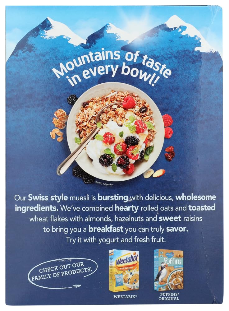 Alpen Muesli nuts and dried fruits close-up showing variety.