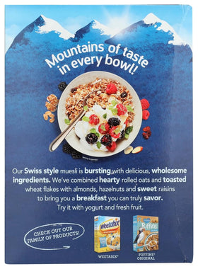 Alpen Muesli nuts and dried fruits close-up showing variety.