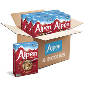 Alpen Muesli Original cereal box front, fiber-rich Swiss-style breakfast