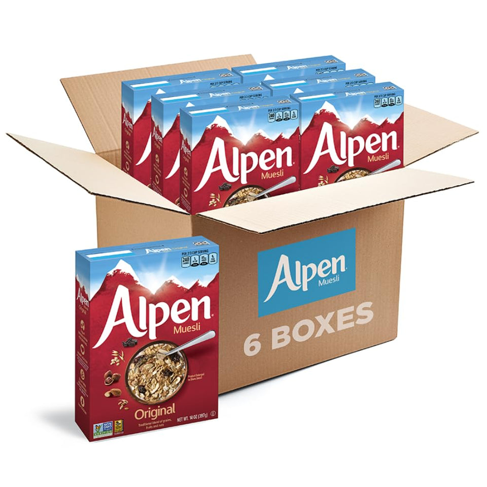 Alpen Muesli Original cereal box front, fiber-rich Swiss-style breakfast
