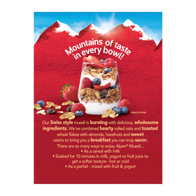 Alpen Muesli Original cereal hazelnuts and almonds close-up, highlighting nutty flavor