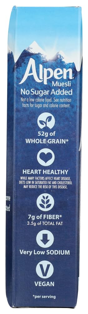 Alpen Muesli whole grain ingredients highlight fiber and texture.