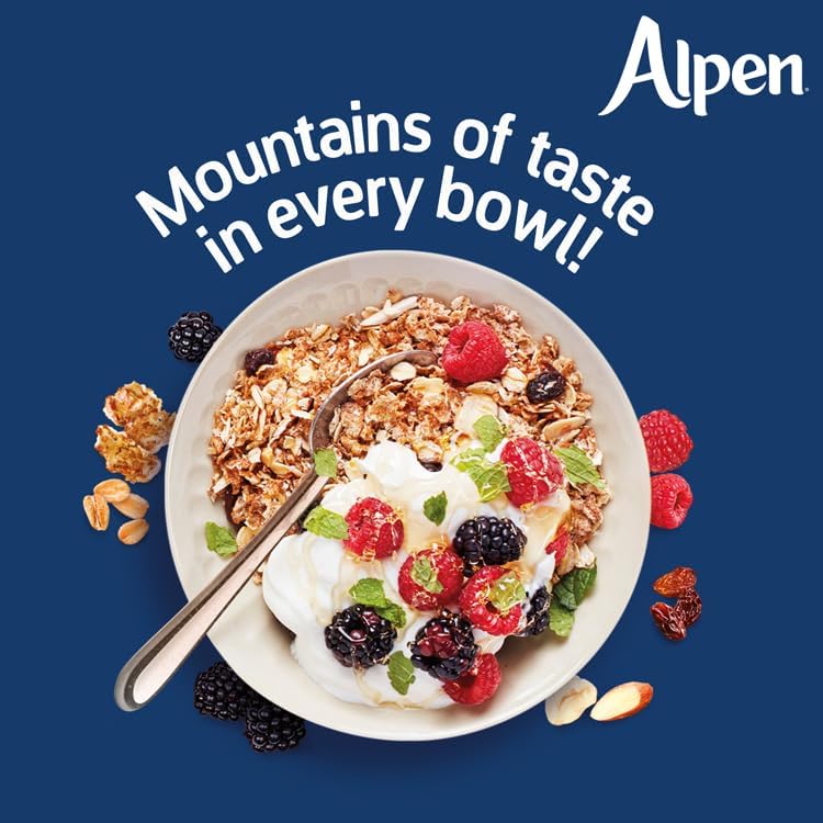 Alpen Muesli No Added Sugar close-up ingredients highlight high-fiber oats.