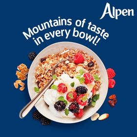 Alpen Muesli No Added Sugar close-up ingredients highlight high-fiber oats.