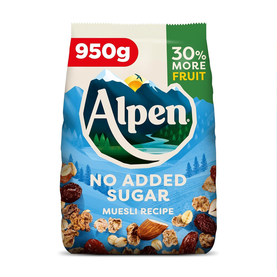 Alpen Muesli No Added Sugar 950g pack shot, ready-to-eat breakfast option.