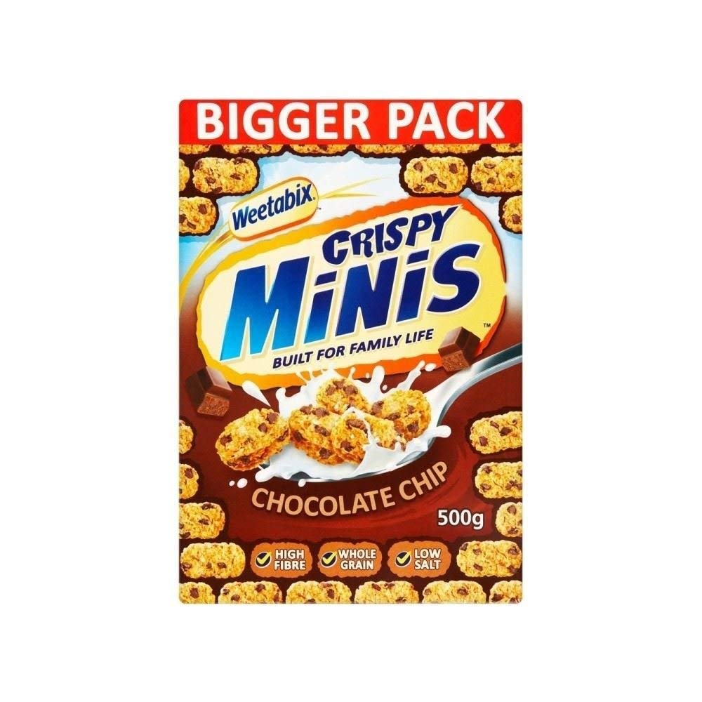 Alpen Weetabix Crispy Minis Chocolate Chip pack shot, a high-fiber breakfast option