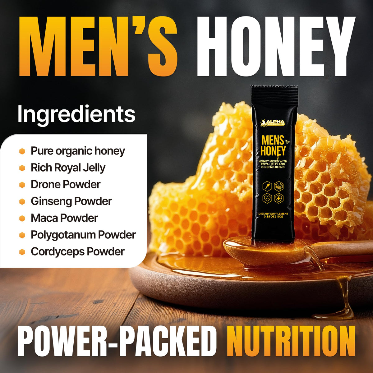 Premium gift box display of Alpha Performance Royal Jelly Honey for Men products.