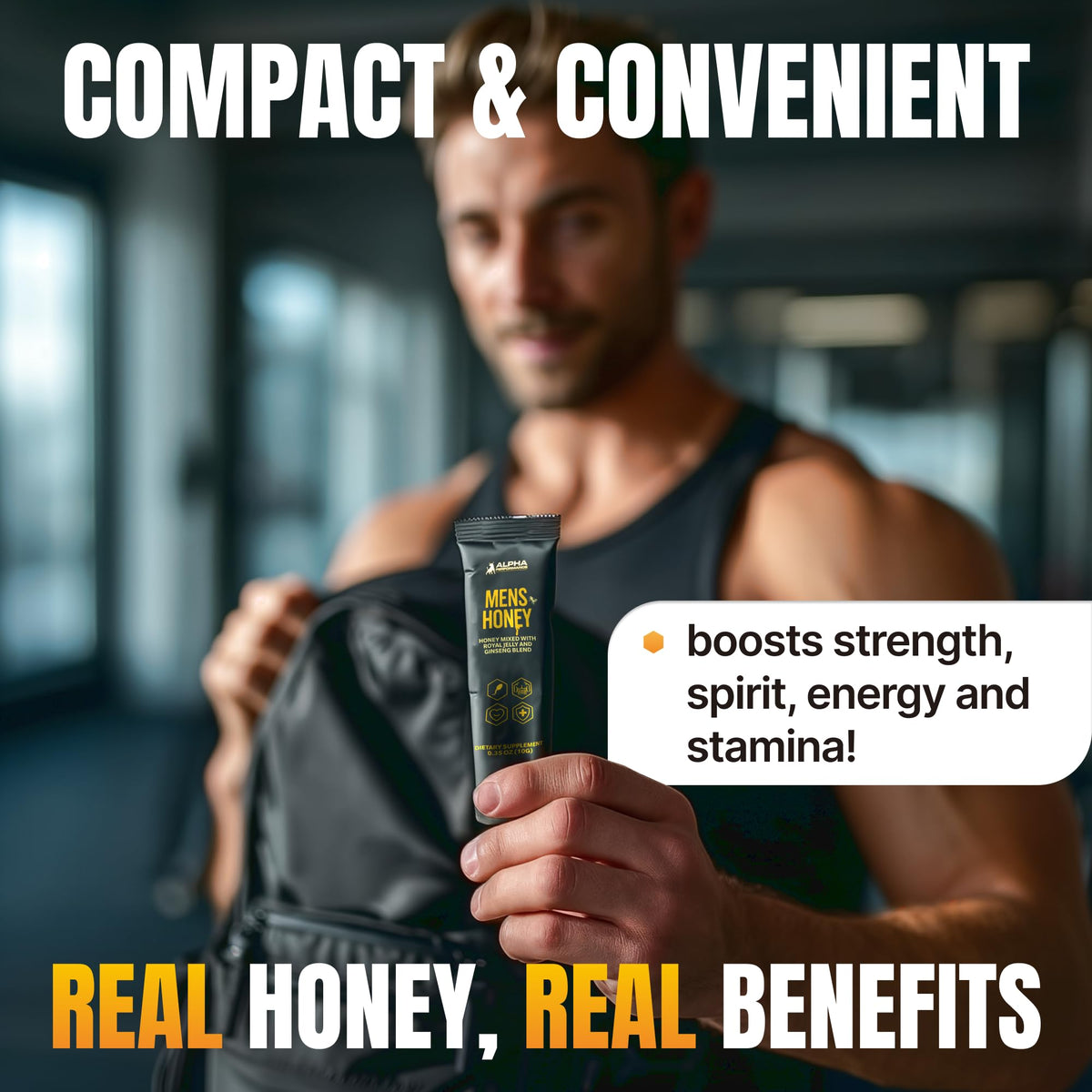 Ingredient blend label for Alpha Performance Royal Jelly Honey for Men highlights herbal nutrients.