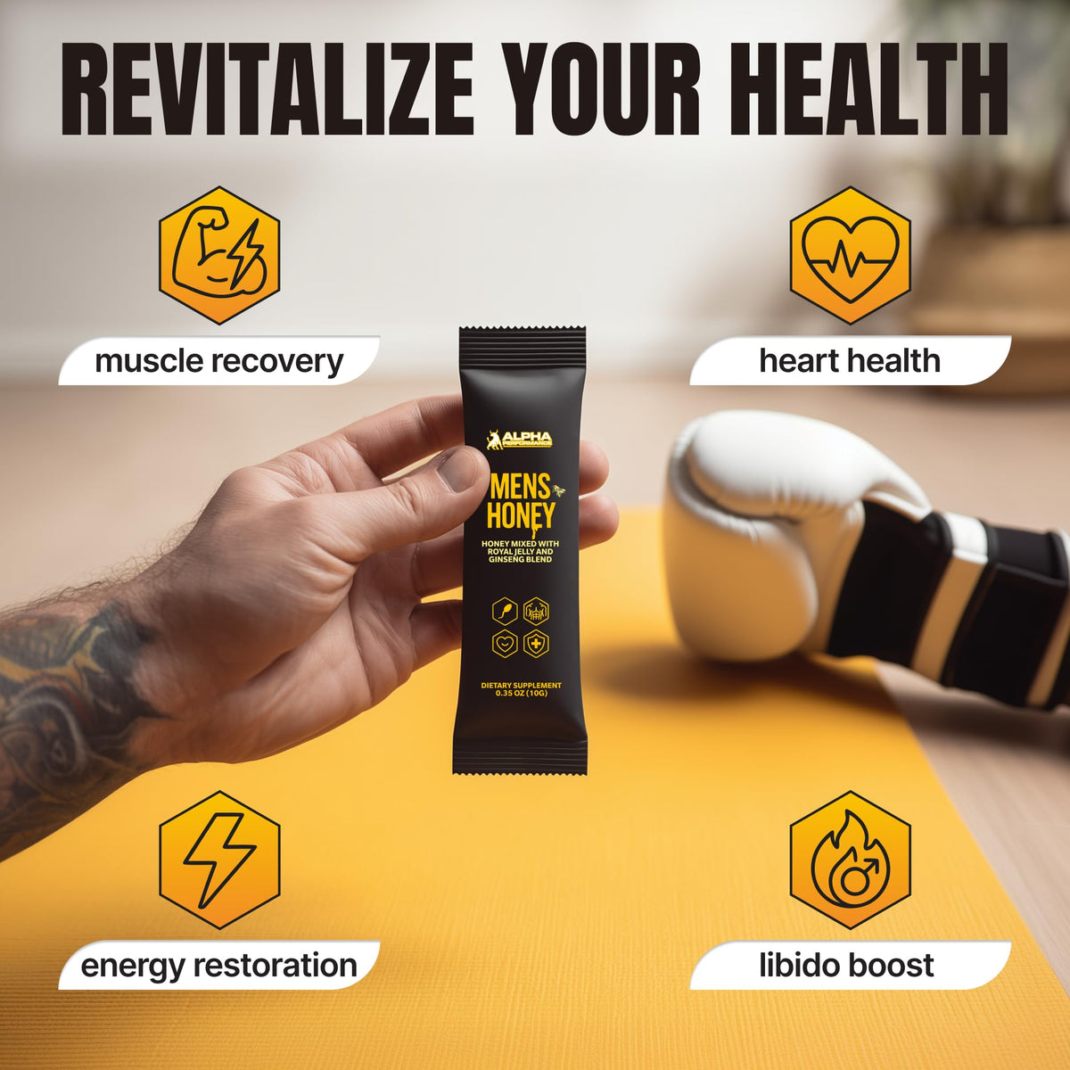 Open pack of Alpha Performance Royal Jelly Honey for Men with honey pour.