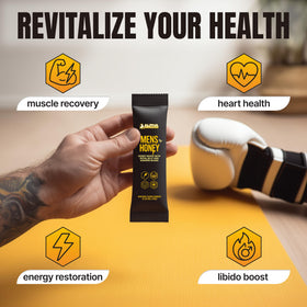 Open pack of Alpha Performance Royal Jelly Honey for Men with honey pour.