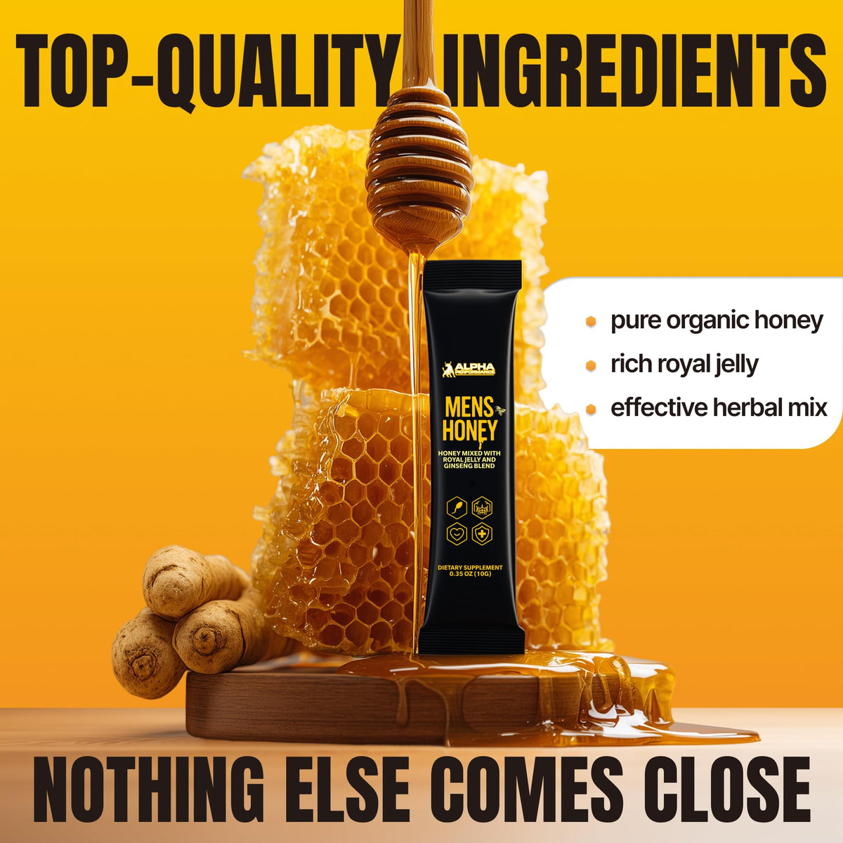 Closeup of Alpha Performance Royal Jelly Honey sachet showing natural ingredient blend.