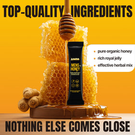 Closeup of Alpha Performance Royal Jelly Honey sachet showing natural ingredient blend.