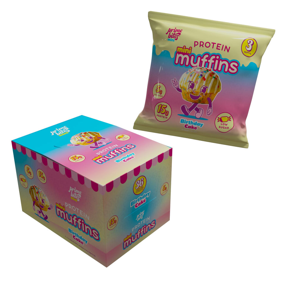 Alpha Prime Prime Bites Minis Birthday Cake muffin showing soft crumb and 15g protein per serving