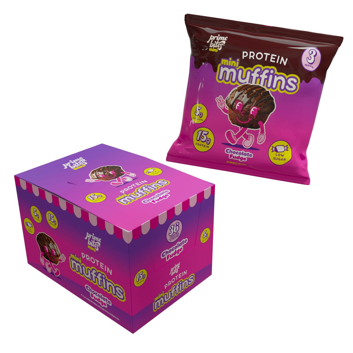 Prime Bites Minis Chocolate Fudge muffins in box, protein-packed on-the-go snack.