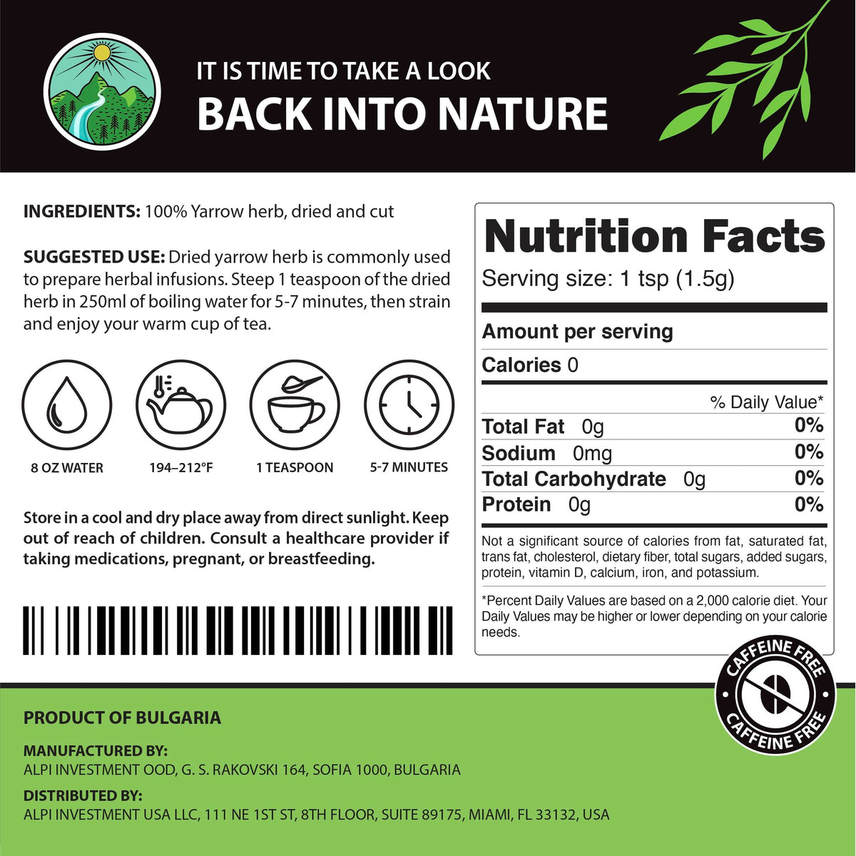 Alpi Nature Yarrow Tea packaging and label emphasizing purity.