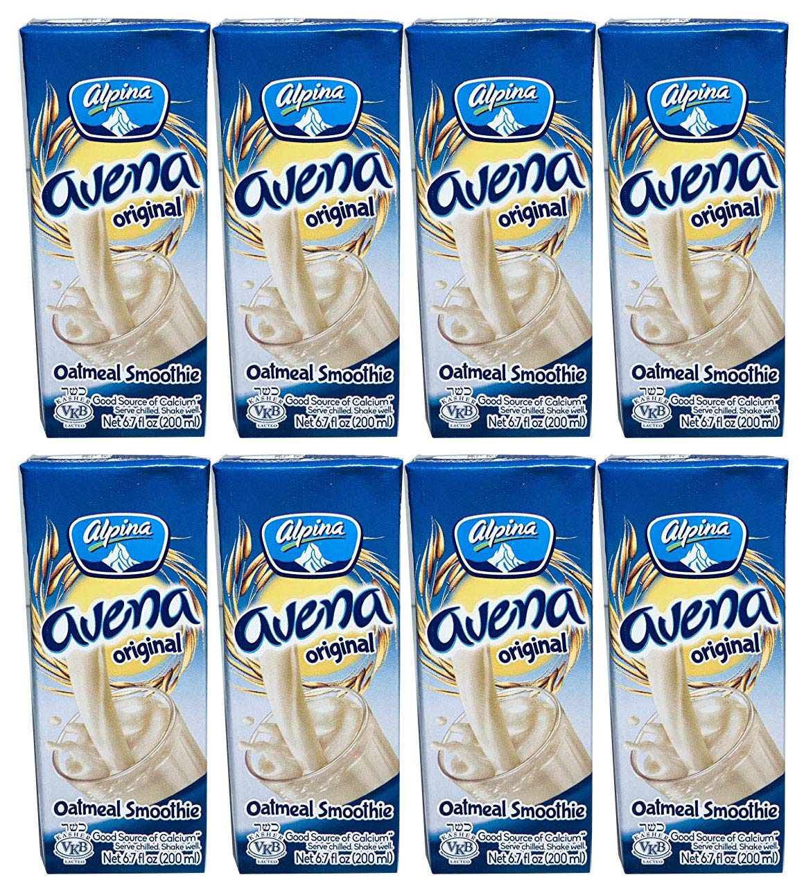 Alpina Avena Original bottle pouring, creamy oat beverage for quick breakfasts and coffee.