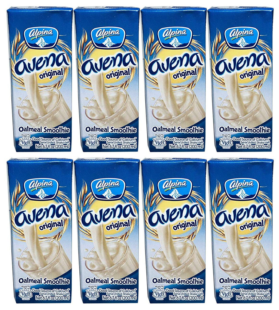 Alpina Avena Original bottle pouring, creamy oat beverage for quick breakfasts and coffee.