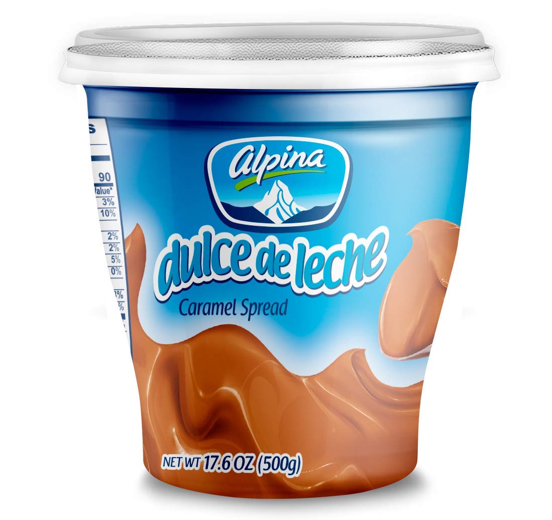Alpina Dulce de Leche jar shows creamy texture ideal for desserts.