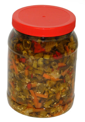 Alpino Giardiniera Hot Pepper Mix jar pour animates antipasti with bold, flavorful toppings.