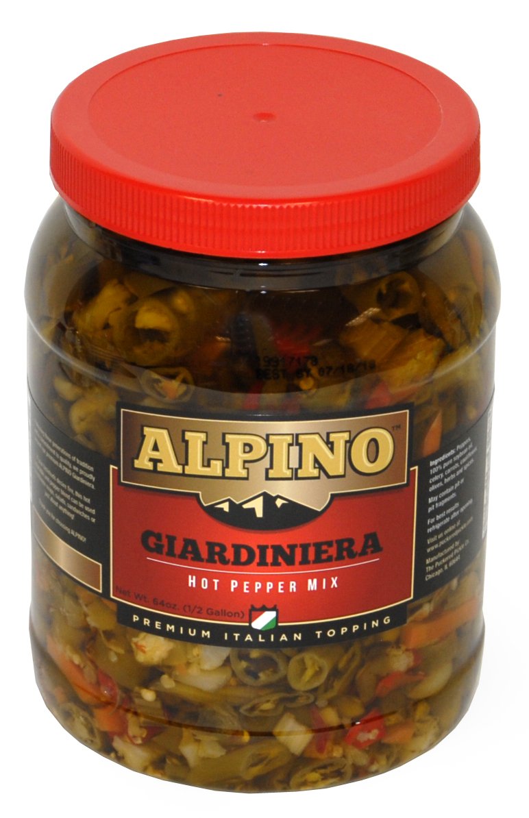 Alpino Giardiniera Hot Pepper Mix jar bursting with color for sandwiches.
