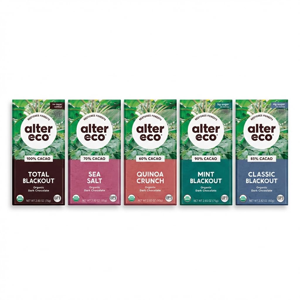 Alter Eco Blackout 85% bar, bold cacao for a refined chocolate experience.