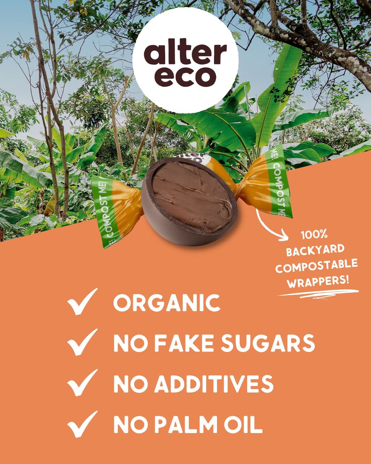 Alter Eco coconut oil ingredient splash highlights dairy-free indulgence.